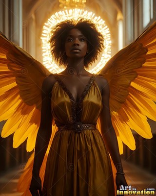 Black woman with gold wings standing in a hall with bright back light