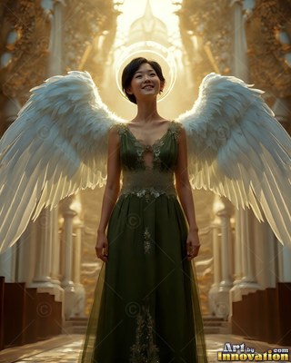 Dark green gown on a winged woman standing inside a sunlit hall with white pillars
