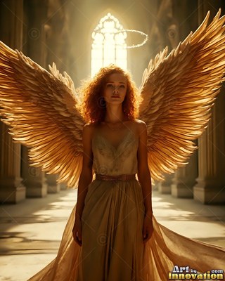 A woman with wings stands in a hall with golden sunlight shining through her feathers