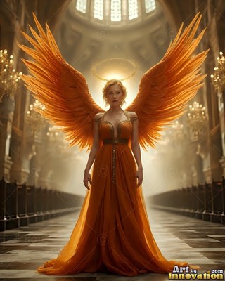 A woman in an orange dress stands in a hall with bright orange wings raised