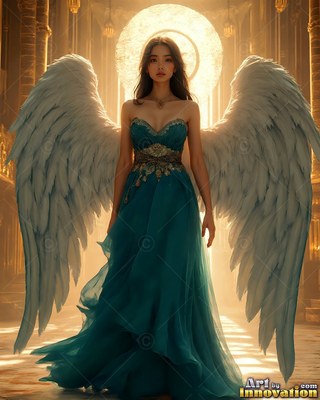 In a golden hall, a winged woman in a teal dress stands before a bright halo
