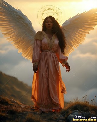 Standing on a mountain ridge, a woman with wings in a peach dress spreads her white wings