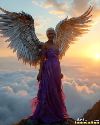 A woman with wings wears a purple dress above the clouds at sunset