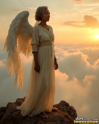 Dressed in an off-white gown, a woman having wings stands on a rock high above clouds at sunset