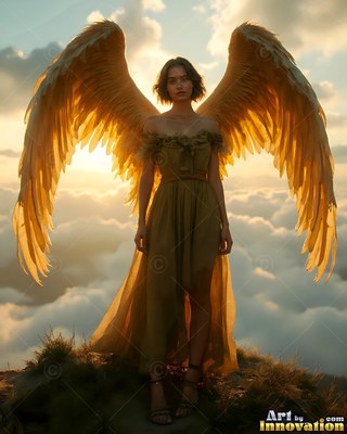 A woman with wings stands on a mountaintop with her feathers lit gold by the sunset