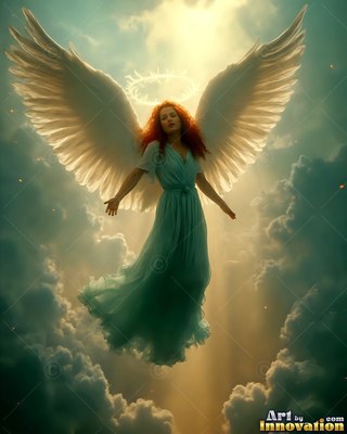 Floating high in the clouds, a red-haired winged woman wears a teal dress