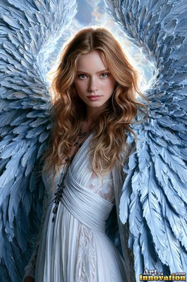 A blond woman in a white dress stands framed by pale blue feathered wings