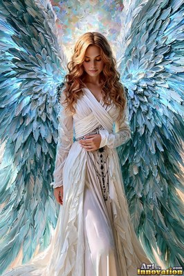 Before bright light, a winged woman in a white dress stands with blue feathers spread wide