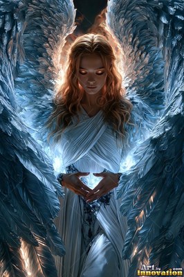 Holding her hands together, a woman with wings in white looks down into bright light