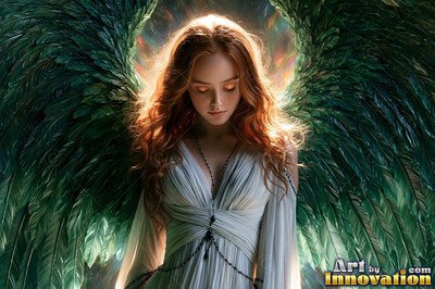 A woman with wings looks down with green wings spread behind warm backlighting