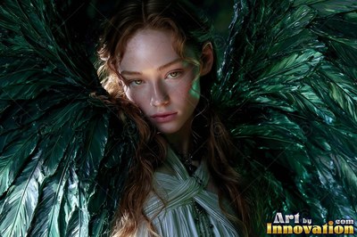 Facing front in the dark, a winged woman with green feathers