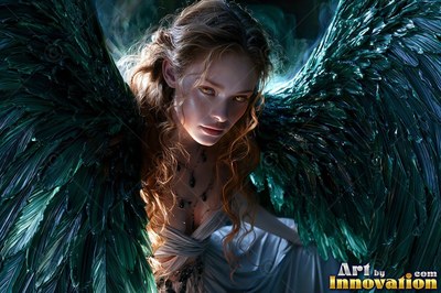 A woman with dark teal wings leans forward into the bright light