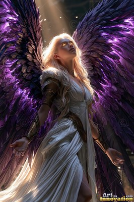 Under a shaft of light, a blonde woman spreads large purple wings in a white dress