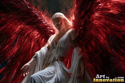A blonde woman lowers her hands with red wings shining under a warm back light