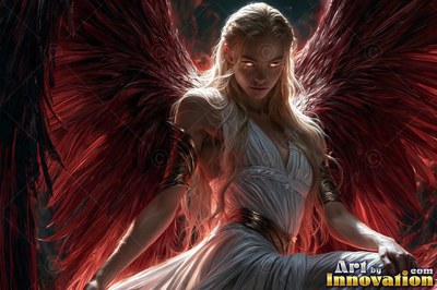 Seated looking straight ahead in the dark, a blonde woman spreads large red wings