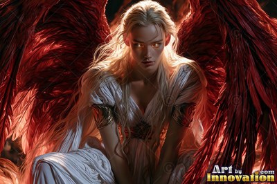 A blonde woman in a white dress sits between dark red wings lit from behind