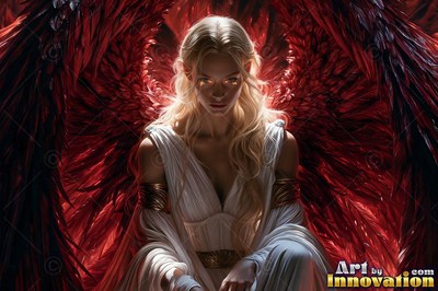 In the shadows, a blonde woman in a white dress sits before red wings