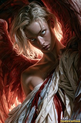 Looking forward, a blond woman with wings clutches draped white cloth with red wings behind her