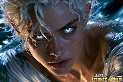 A woman with pale curls stares ahead with deep teal light against her face