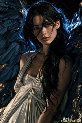 In the dark, a woman with wings rests in a draped white gown