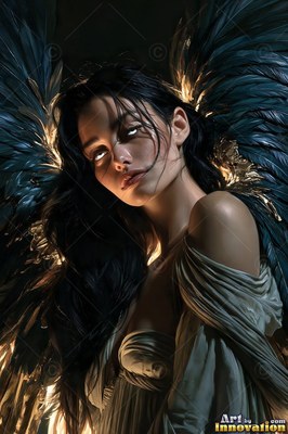 Looking back with pale eyes, a dark-haired woman spreads dark feathers lit from behind