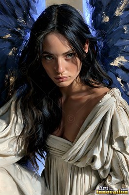 Dark-haired woman with wings in an off-white dress