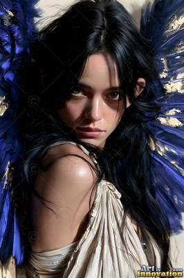 Dark hair falls around a woman having wings in a draped dress against a pale background