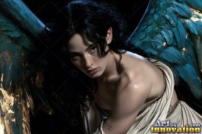 Leaning forward in a dark space, a woman rests with blue teal wings