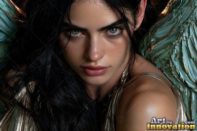 A dark-haired woman with pale green eyes looks forward with teal wings behind her