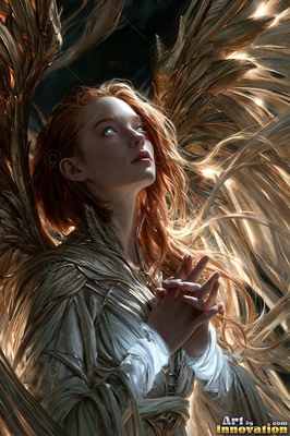 A red-haired woman with gold wings clasps her hands and looks up