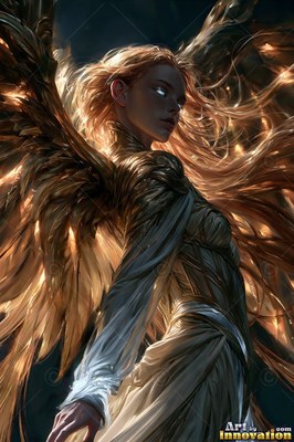 Gold armor wraps around a woman with wings looking back against dark night sky