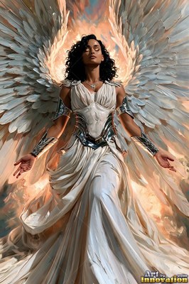 A woman with wings opens her hands with her eyes closed, bright orange light shining behind her white feathers