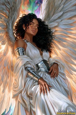 Seated before wide white wings, a woman with dark curls wears silver armor