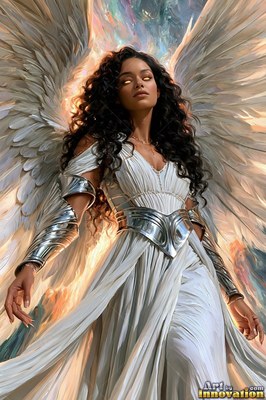 A woman with white feathered wings stands in silver armor and a white dress
