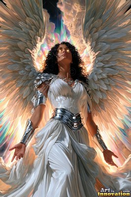 Before bright clouds, a woman with wings in a white dress and silver armor looks up