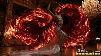 Dancing in a dark ballroom, a woman in a white dress spreads fiery red wings