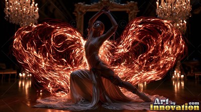 A kneeling woman poses with bright red light ribbons spread like wings