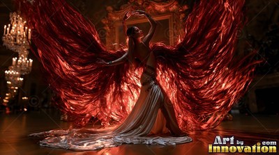 A woman in a white silk dress dances with red feathery wings in a dark ballroom