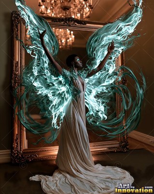 Arms raised before a mirror, a woman stands with bright teal wings