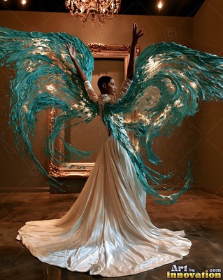 In a grand room, a woman in a white gown raises her arms with turquoise wings