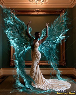 Raising her arms, a Black woman in a white gown unfolds teal water wings in a room