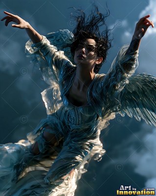 A dark-haired winged woman falling through cloudy sky