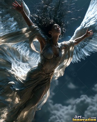 Wearing a draped white gown, a woman spreads her white wings against a dark cloudy sky