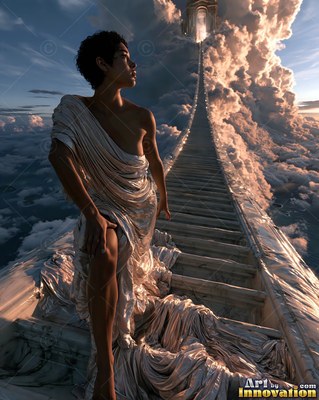 A woman in a draped robe climbs a long staircase into clouds lit by warm sunset light