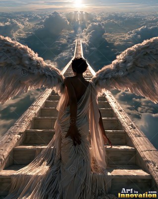 Facing away on high stone steps, a woman with wings walks toward bright clouds