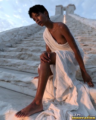 A woman in a draped white cloth sits on steep marble steps at sunset