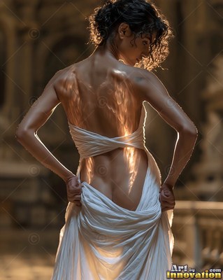 In a dim hall, a woman in a white gown shows bright patterns across her bare back