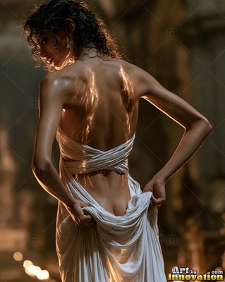 Curling dark hair spills over a woman pulling down a light white dress in a dim hall