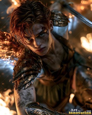 A woman in battle armor swings a sword under warm orange firelight