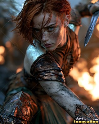 Crouching forward, a red-haired woman holds a blade by bright firelight